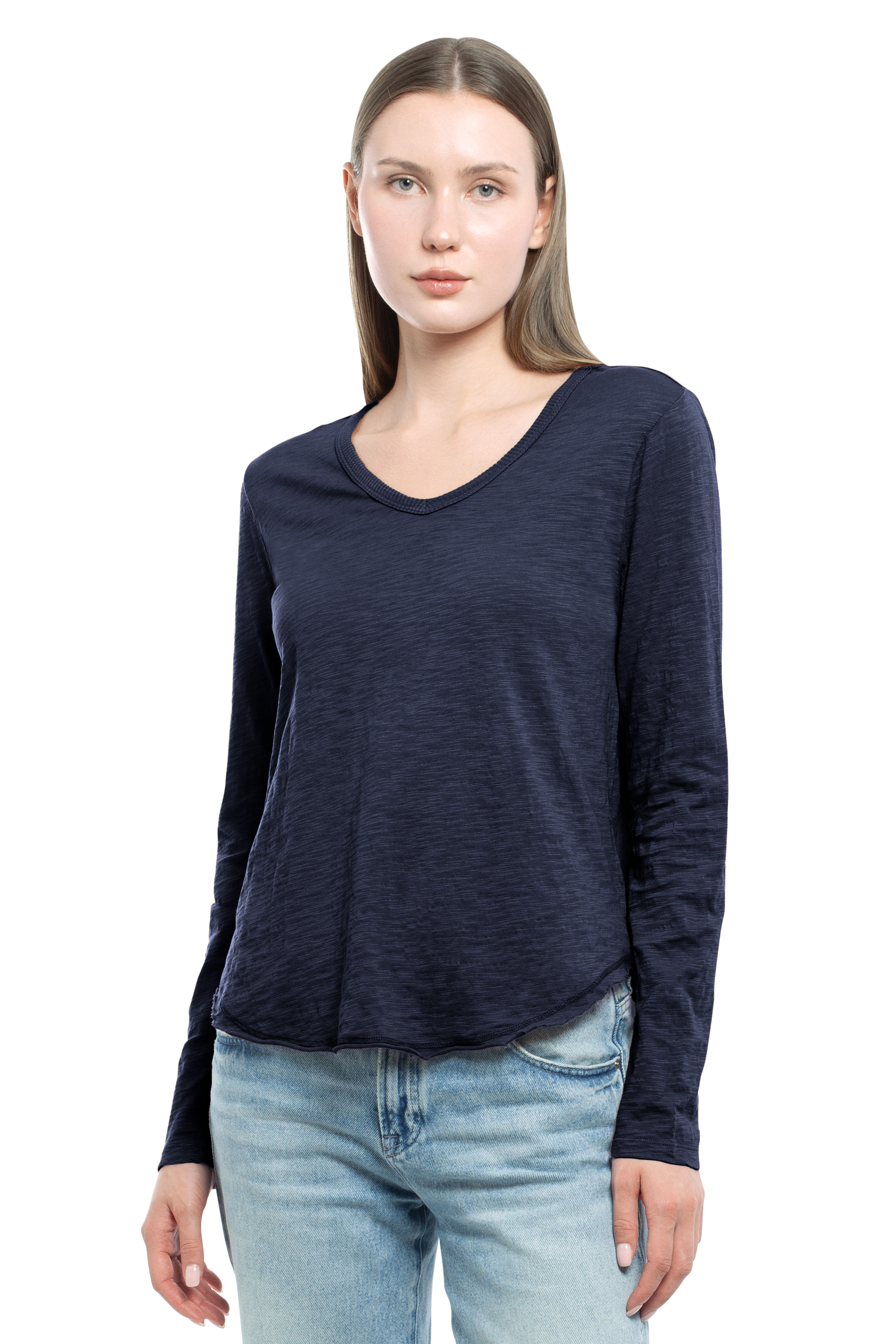 Long Sleeve V-Neck w/ Raw Hem Shirttail