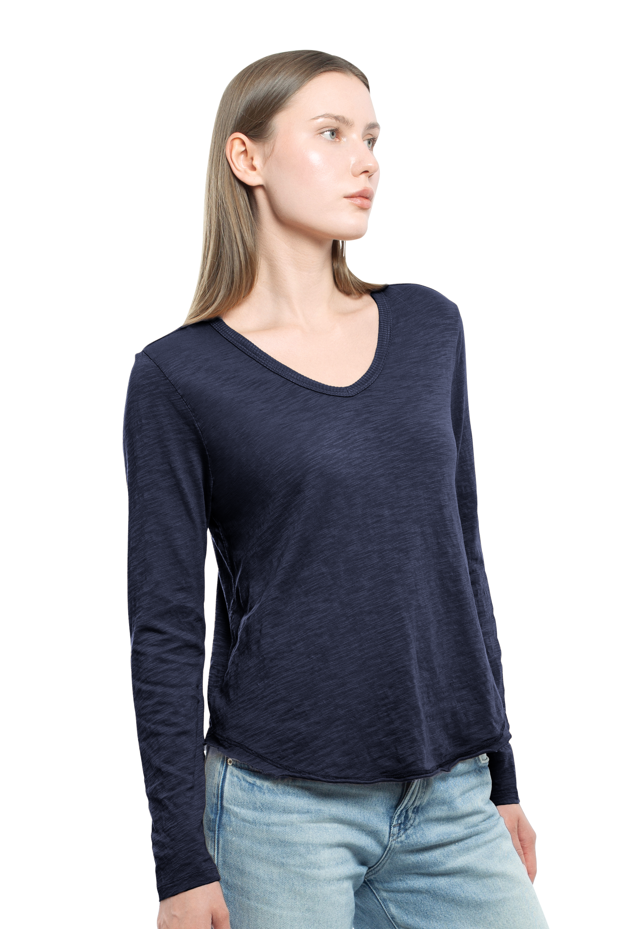 Long Sleeve V-Neck w/ Raw Hem Shirttail