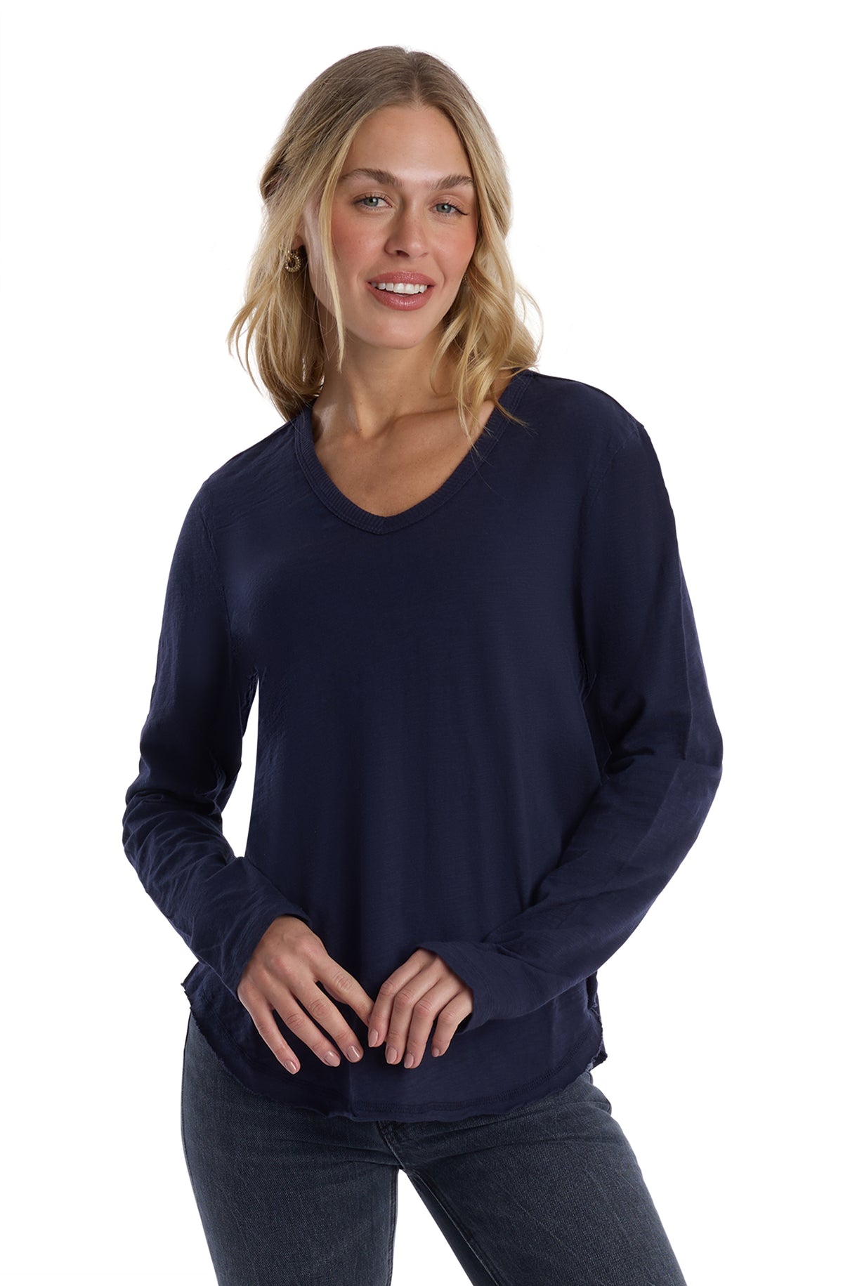 Long Sleeve V Neck with Raw Hem Shirttail