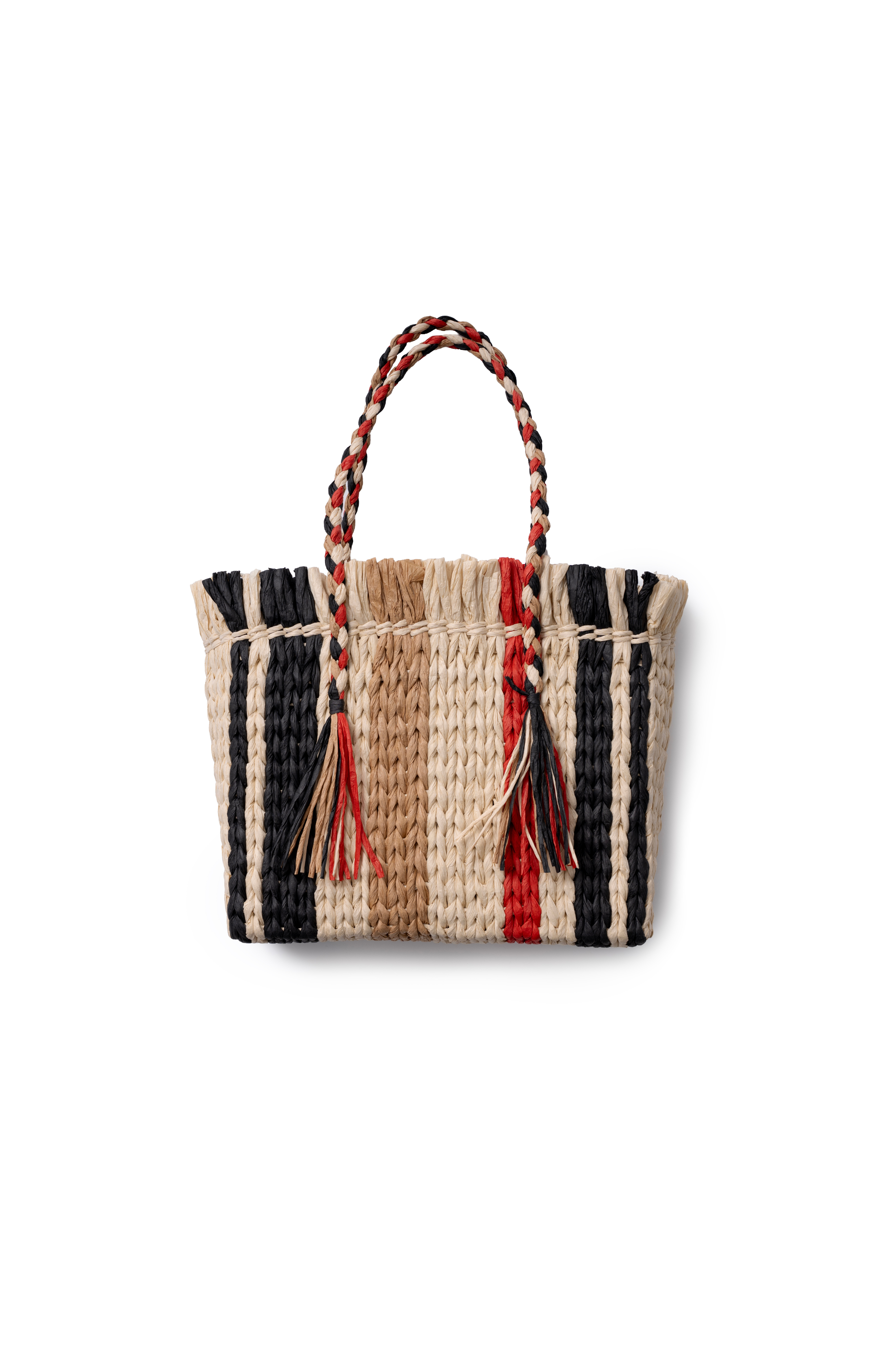 Woven handbag with striped pattern on a white background