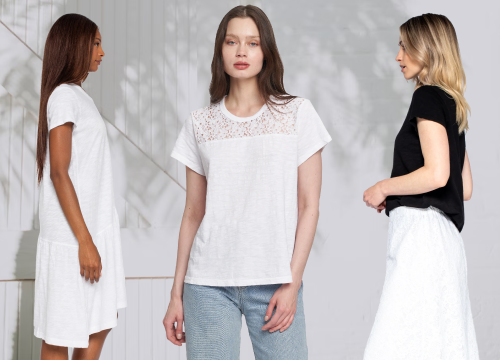 Flat lay of sustainable women’s clothing including organic cotton dresses, lightweight tops, and cozy joggers from Wilt for a weekend getaway