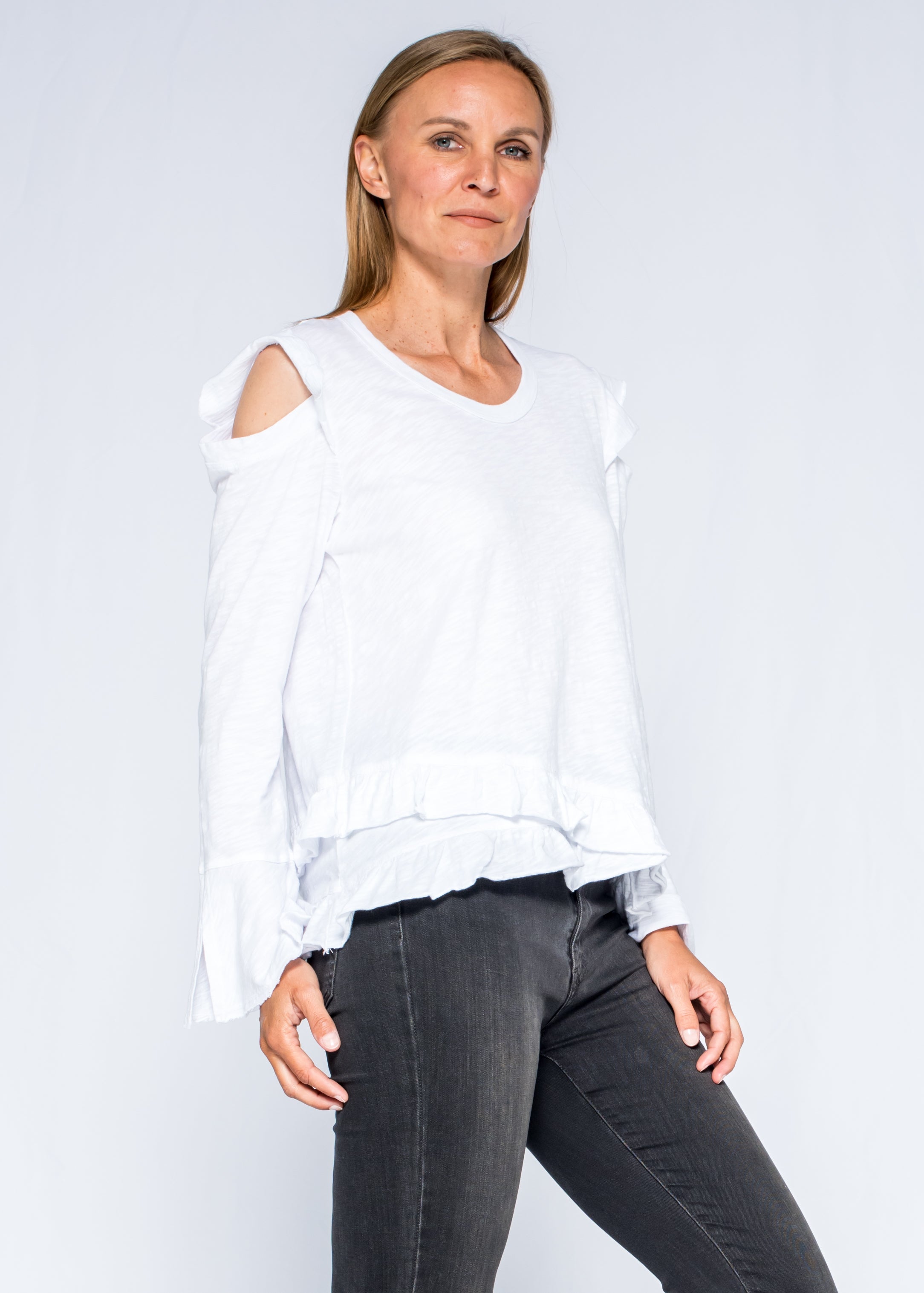 Crossover Raw Ruffle Cold Shoulder Tee