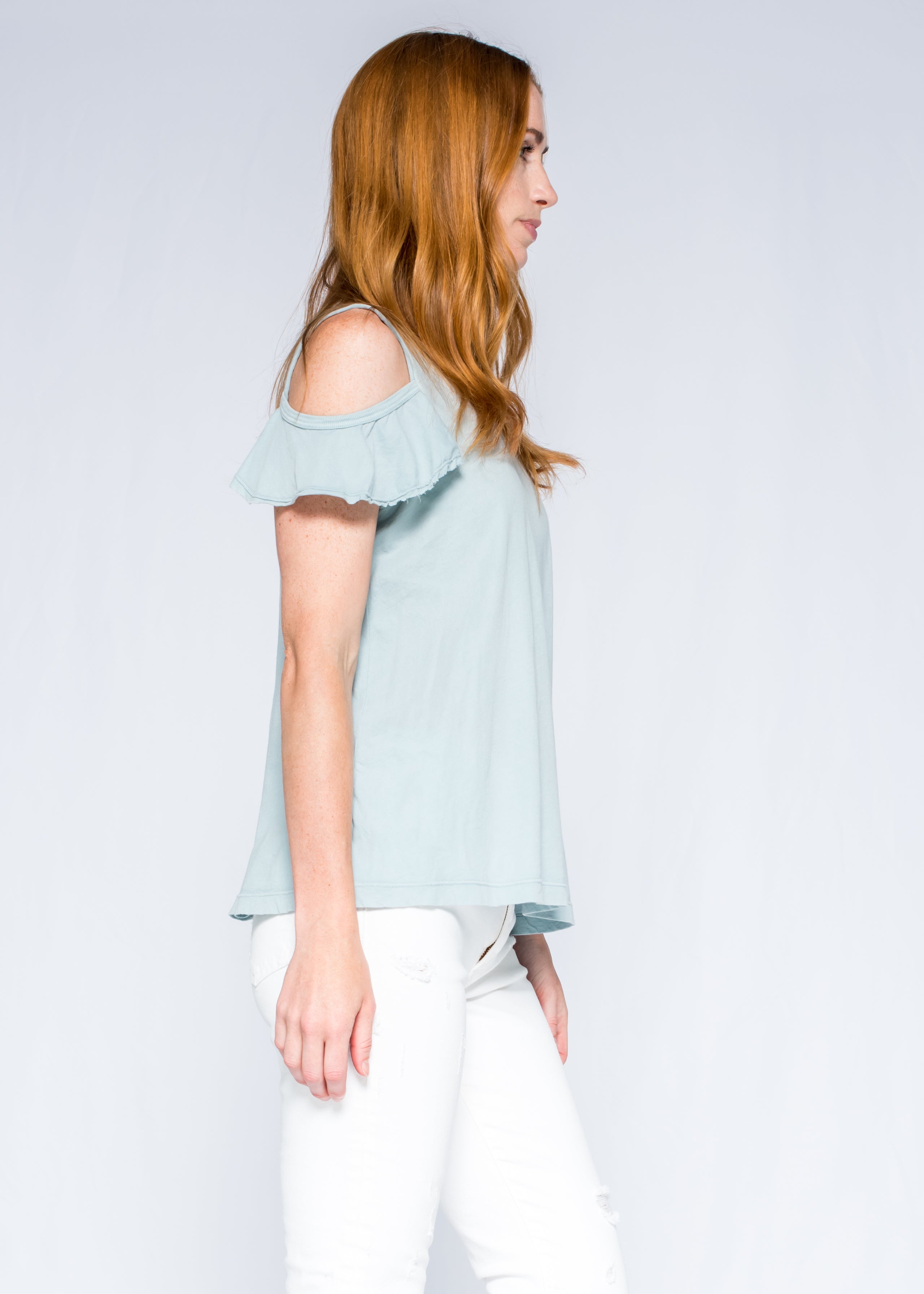 Shrunken Crew Ruffle Cold Shoulder Double Flutter