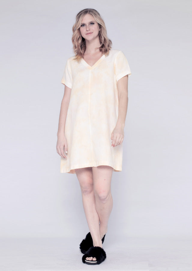 Mixed V Linen Trapeze T Dress W/ Soft Cloud Dye Process